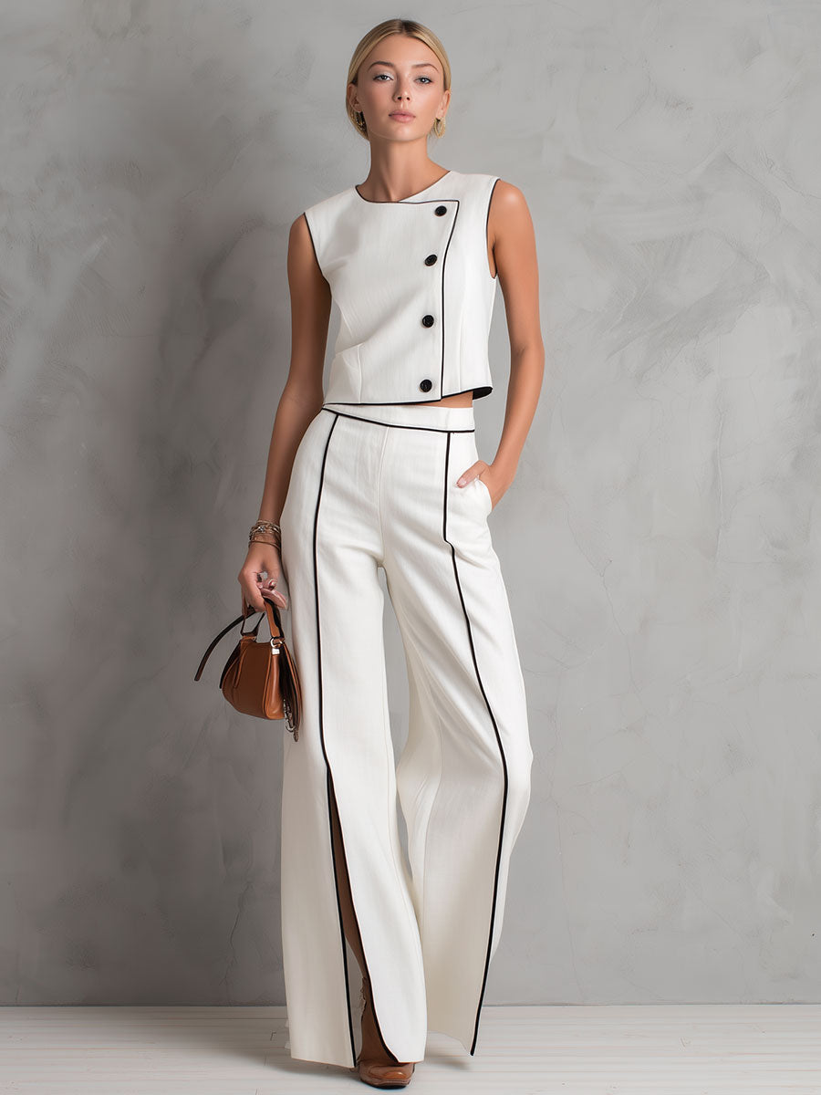 Stylish And Casual Black-trimmed White Cotton Top And Split-leg Wide-leg Pants Set