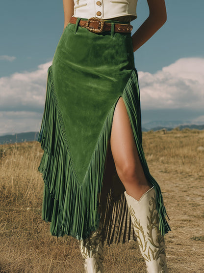 Western Retro Green Fringed Faux Suede Midi Skirt
