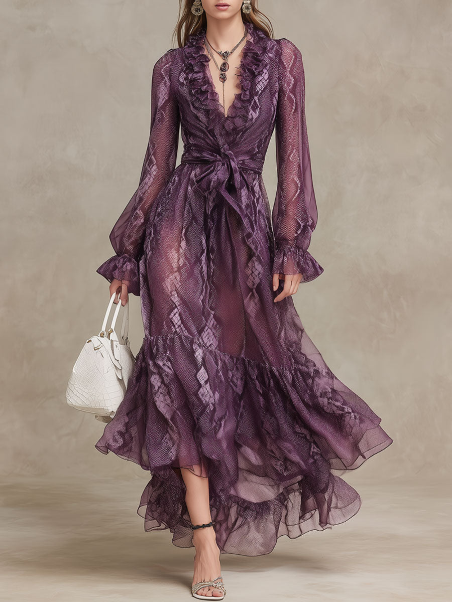 Western Retro Long-Sleeved Snake Print Purple Chiffon Ruffle Maxi Dress