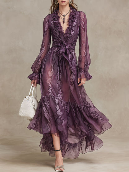 Western Retro Long-Sleeved Snake Print Purple Chiffon Ruffle Maxi Dress