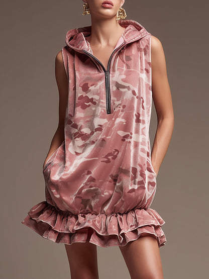Western Retro Camouflage Pink Velvet Hooded Mini Dress