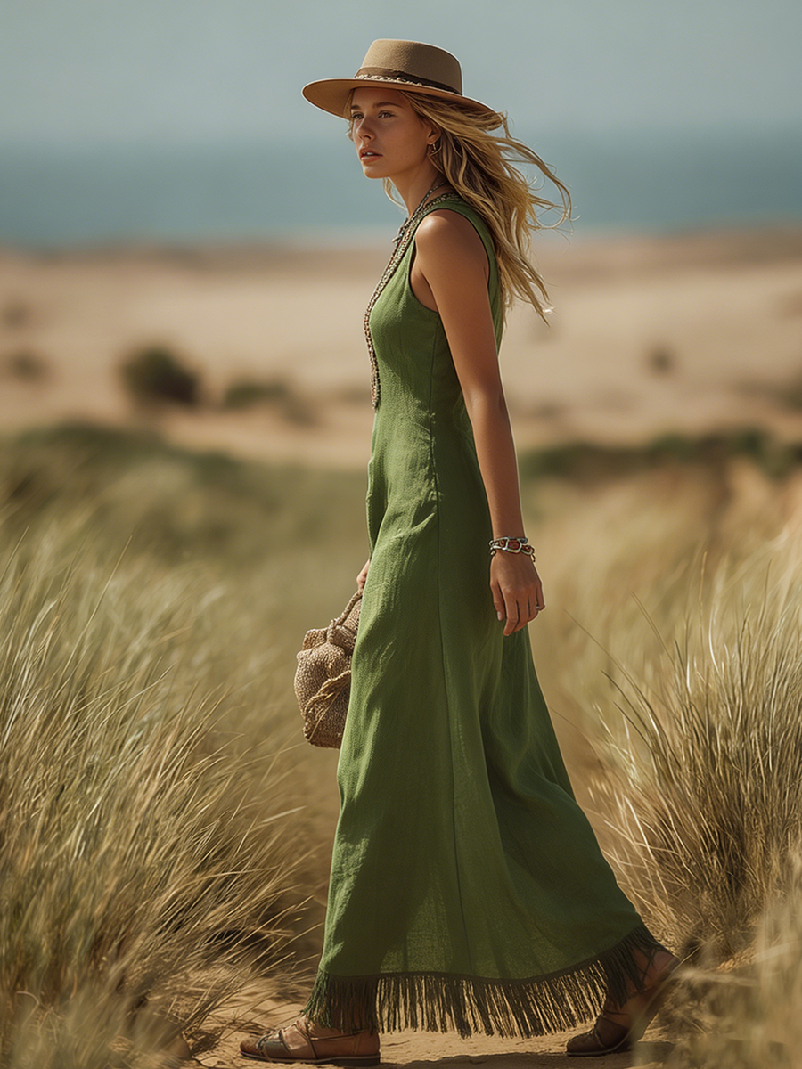 Bohemian Ethnic Style V-neck Sleeveless Embroidered Tassel Maxi Dress