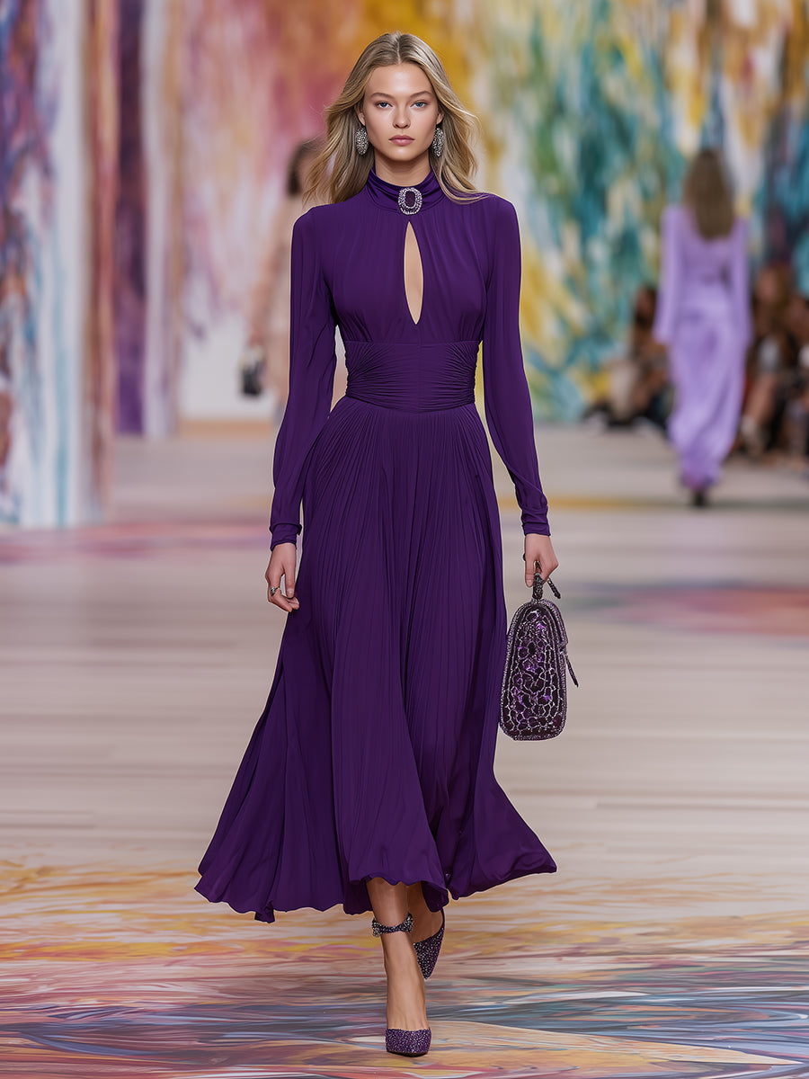 Elegant Purple Chiffon Dress With Rhinestone Button Neckline Maxi Dress