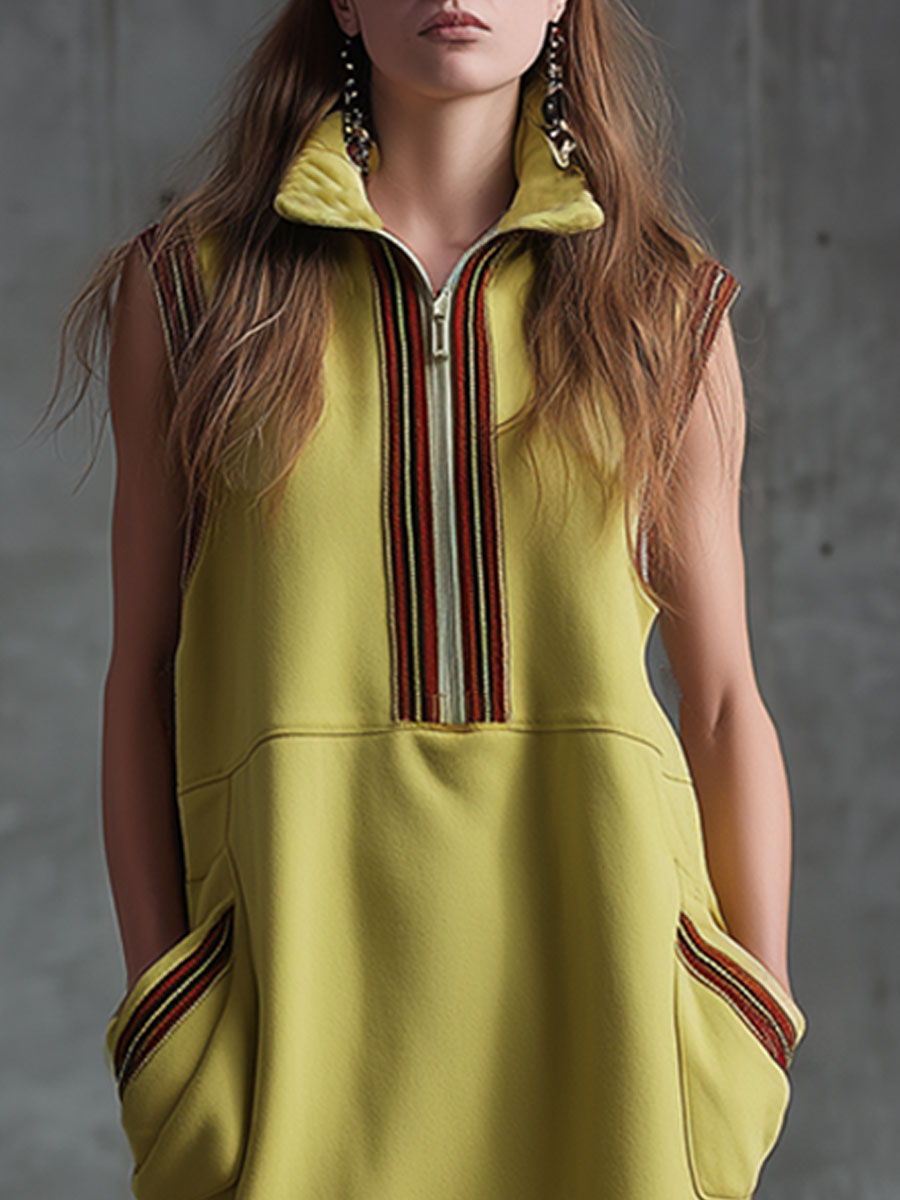 Sporty Retro-style Woven Yellow-green Slit Sleeveless Maxi Dress