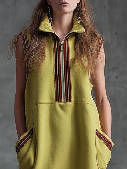 Sporty Retro-style Woven Yellow-green Slit Sleeveless Maxi Dress