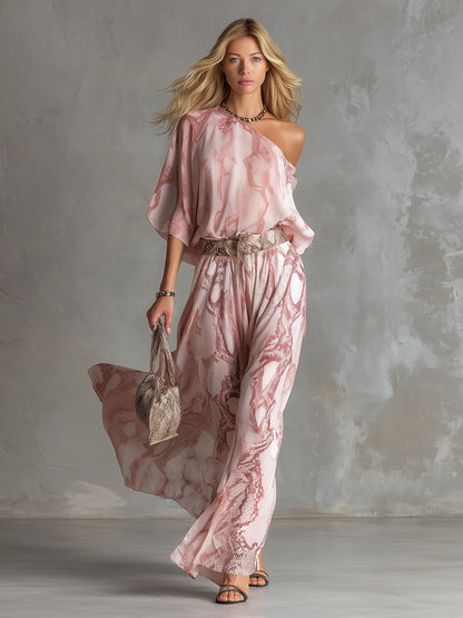 Retro Urban Style Pink Snake Print One-shoulder T-shirt And Wide-leg Pants Set