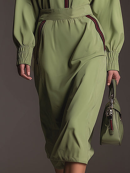 Casual Sporty Hooded Green Cotton Midi Dress