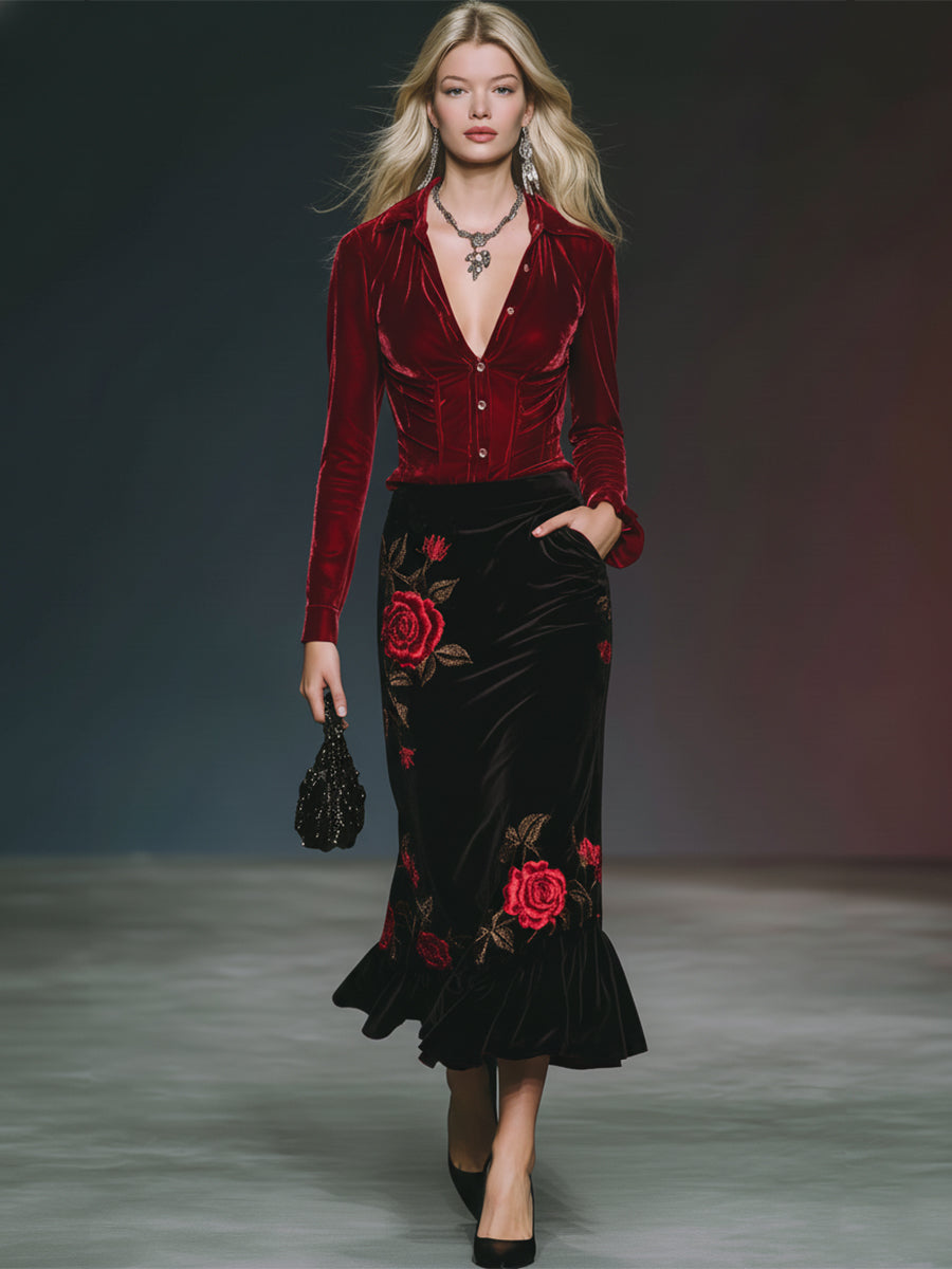 Casual And Stylish Red Velvet Shirt And Rose Embroidered Black Velvet Skirt Set
