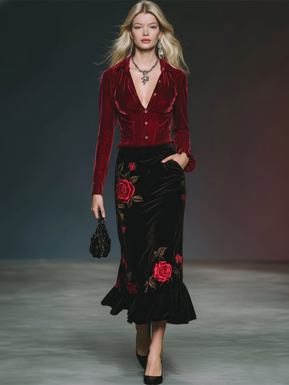 Casual And Stylish Red Velvet Shirt And Rose Embroidered Black Velvet Skirt Set