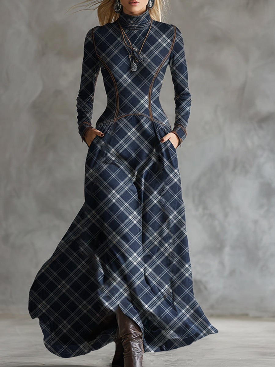 Elegant And Unique Stand-up Collar Blue Plaid Denim Maxi Dress