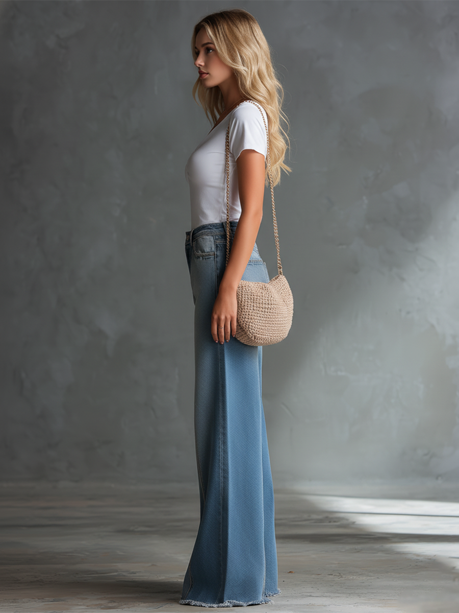 Retro-style Wide-leg Floor-length Frayed Denim Trousers