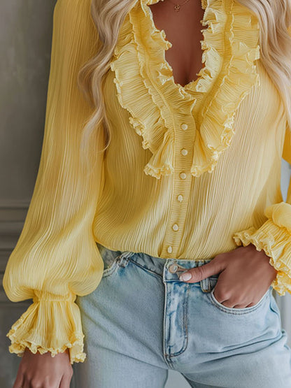 V-neck Chiffon Single-breasted Long-sleeved Shirt