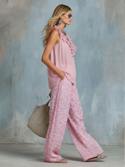 Chiffon Ruffled V-neck Sleeveless Top And Leopard Print Pants Set