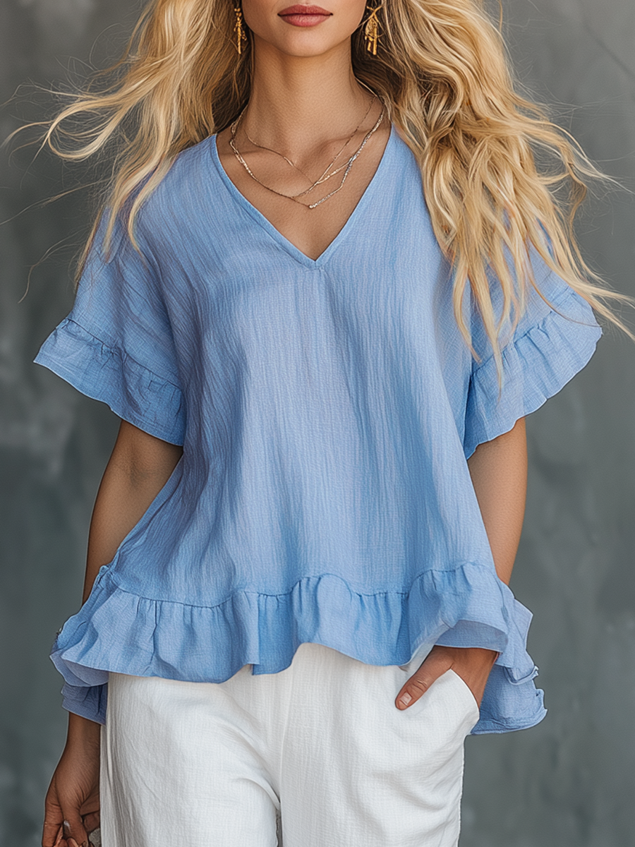 Elegant Vintage V-neck T-shirt With Ruffled Sleeves And Flared Pants Set
