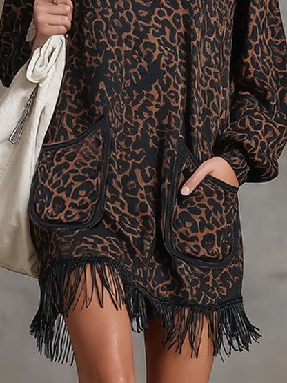 Leopard Print Faux Suede Fringed Crew Neck Long-sleeved Mini Dress