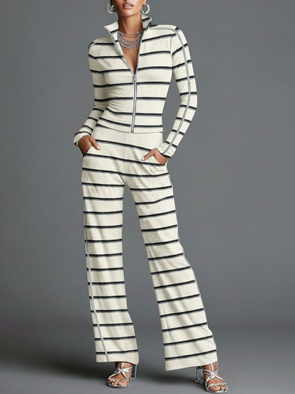 Sporty Retro Off-White Striped Knit Zipper Top And Wide-Leg Pants Set