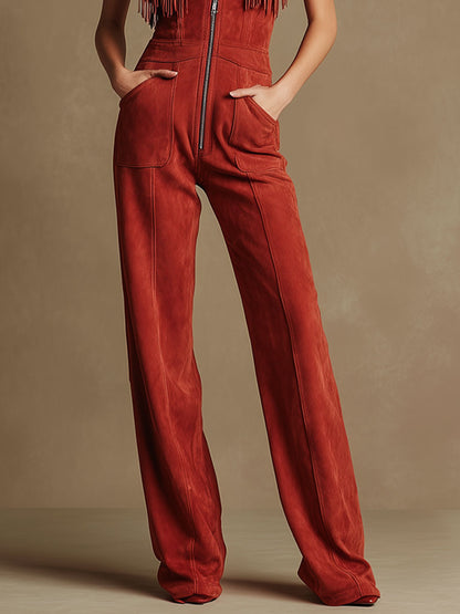 Western-style Retro Embroidered Tassel Red Faux Suede Sleeveless Jumpsuit