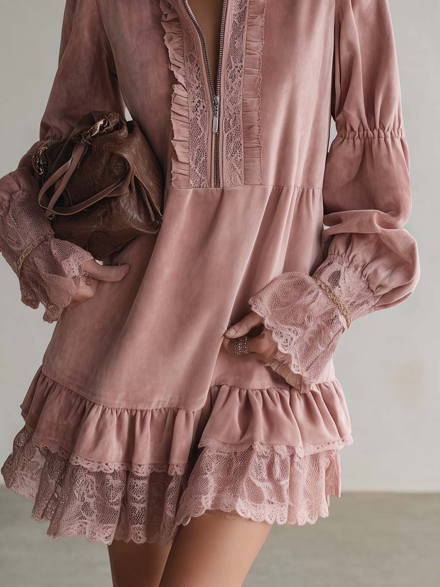 Elegant Vintage Western Lapel Front-zip Lace Trim And Ruffled Hem Pink Suede Mini Dress