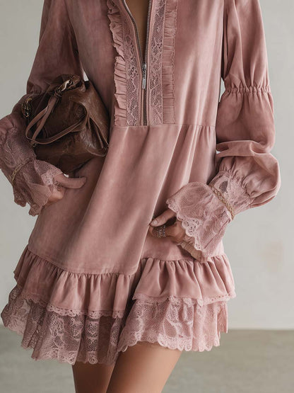 Elegant Vintage Western Lapel Front-zip Lace Trim And Ruffled Hem Pink Suede Mini Dress