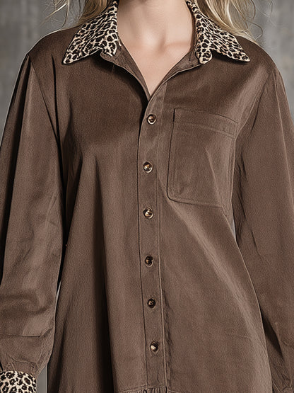 Western-style Faux Suede Brown And Leopard Print Patchwork With Tassels Mini Shirt Dress
