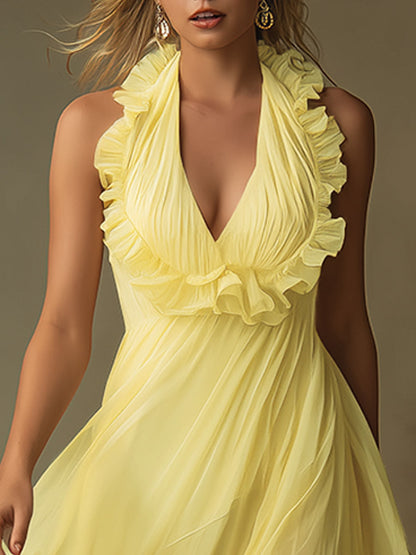 Elegant Resort-style Yellow Ruffled Halter Neck V-neck Chiffon Maxi Dress