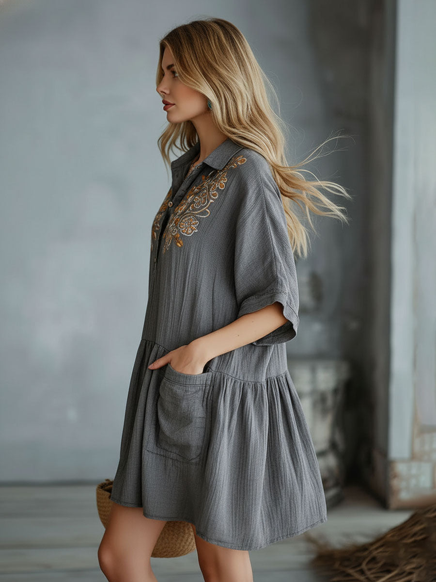 Gray Cotton And Linen Collared Button-down Short-sleeved Mini Dress