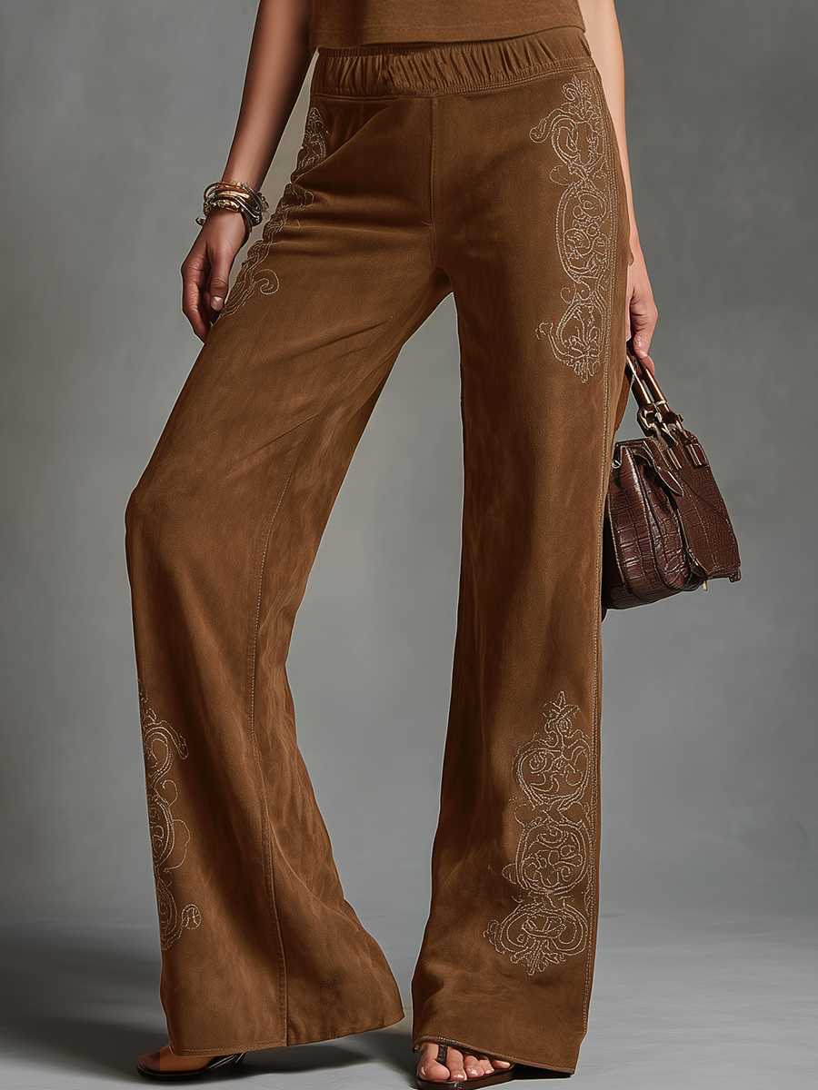Retro-style Comfortable Elastic Waist Embroidered Flared Pants