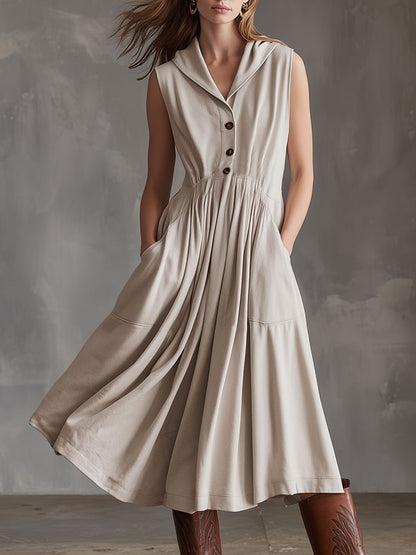 Sporty Retro Apricot Sleeveless A-line Midi Dress