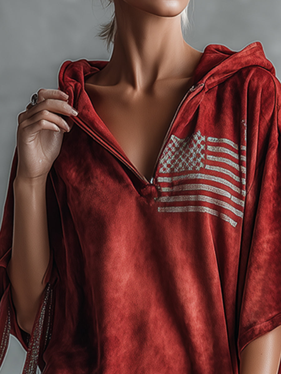 Retro Casual Flag Print Red Faux Suede Hooded Mini Dress