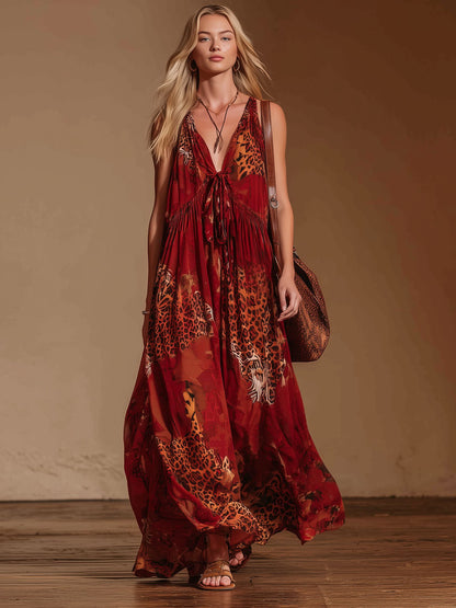 Leopard Print V-neck Chiffon Sleeveless Maxi Dress