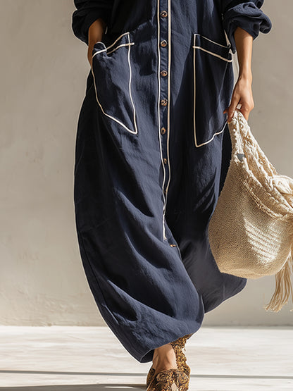 Elegant Urban-style Navy Blue Cotton And Linen Maxi Dress
