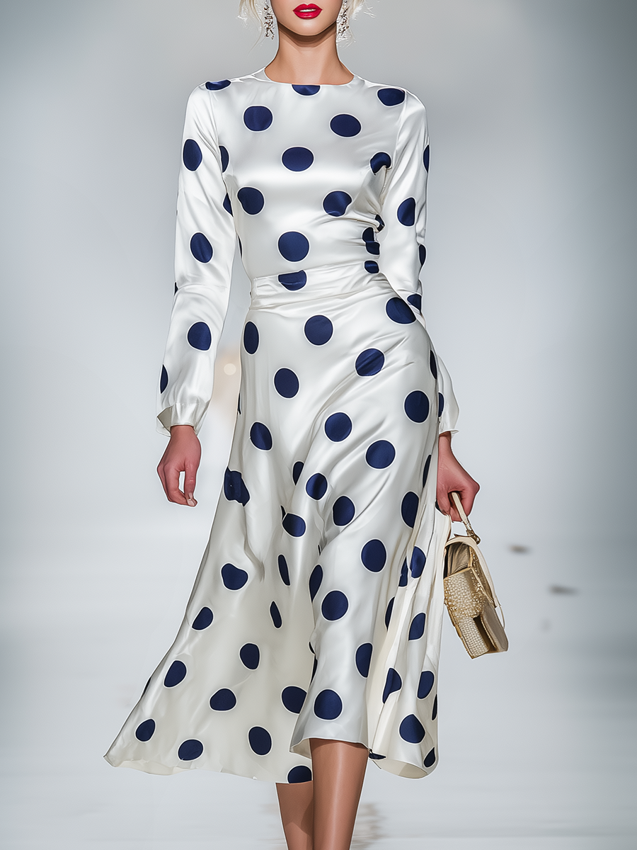 Retro Elegant Polka Dot Satin Midi Dress