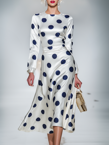 Retro Elegant Polka Dot Satin Midi Dress