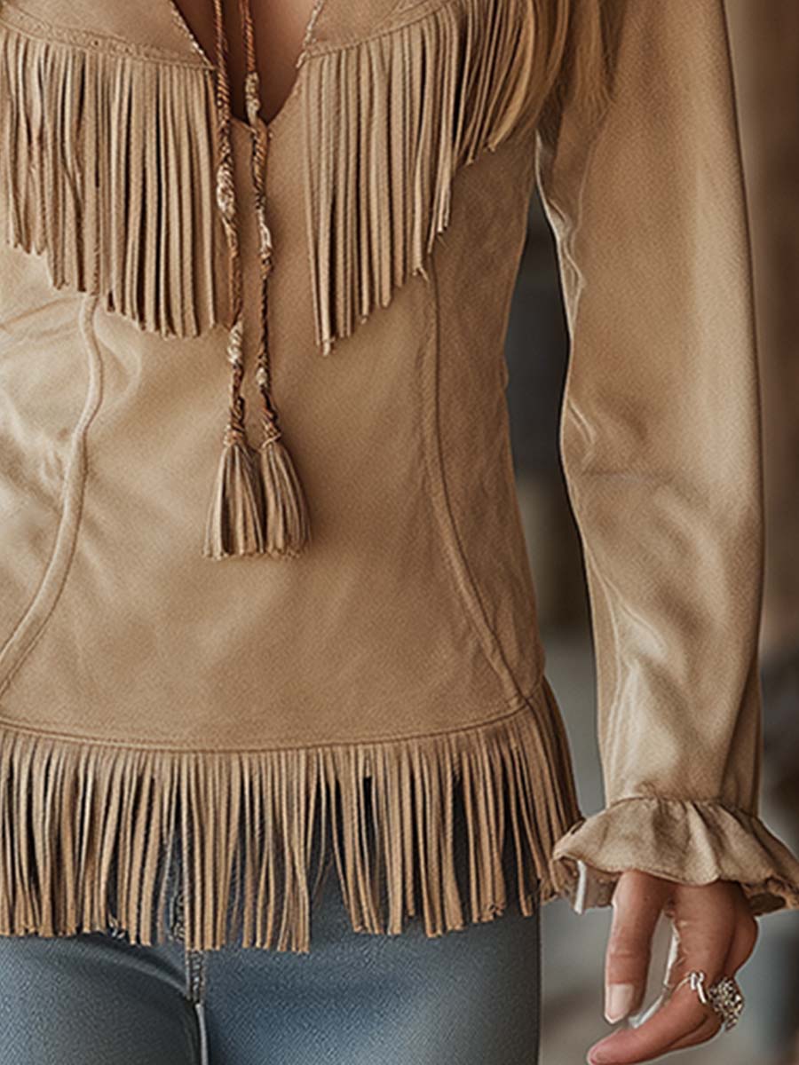 Retro Western-style Beige Slightly Stretchy Faux Suede Fringe Shirt