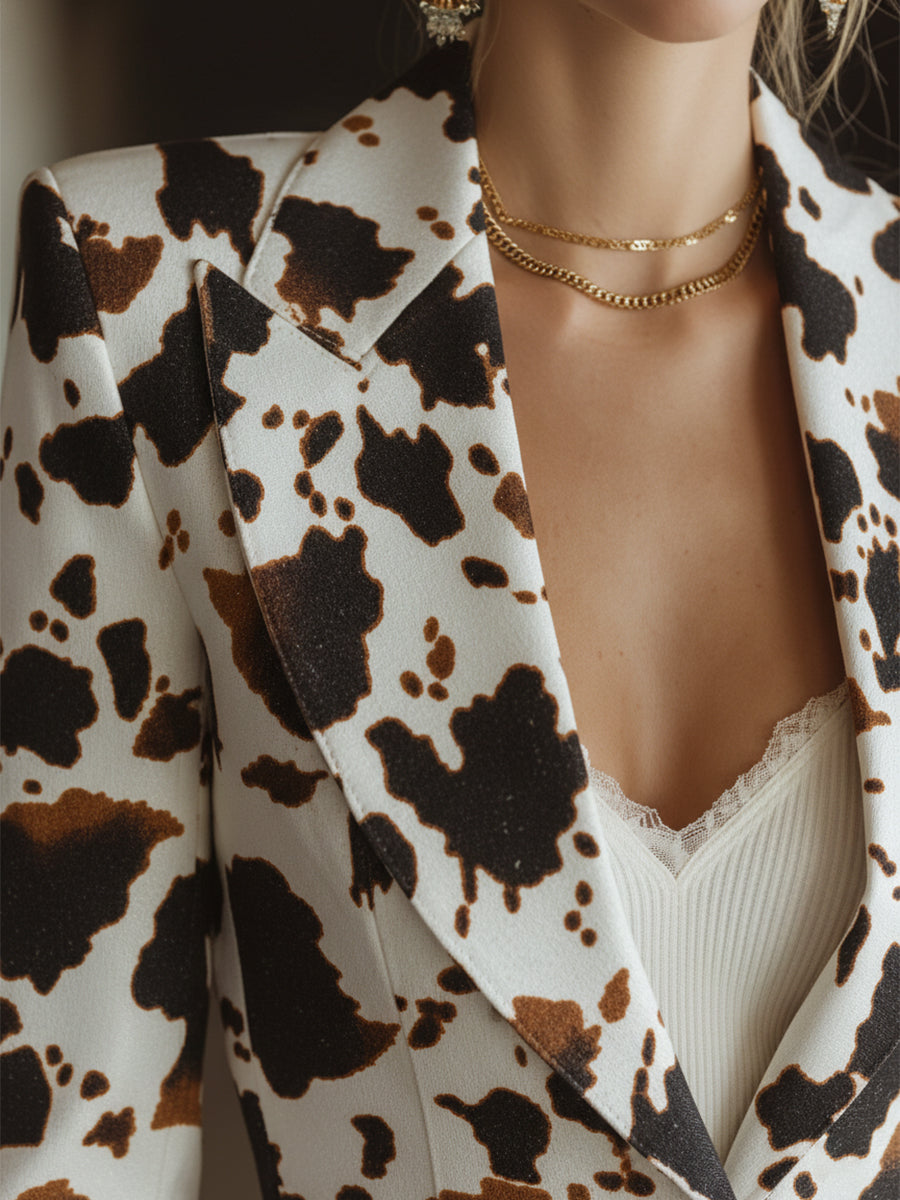 Retro Western White Cow Print Faux Leather Blazer
