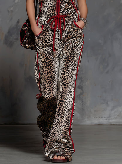 Leopard Print Contrasting Trim Hooded Sleeveless Jumpsuit