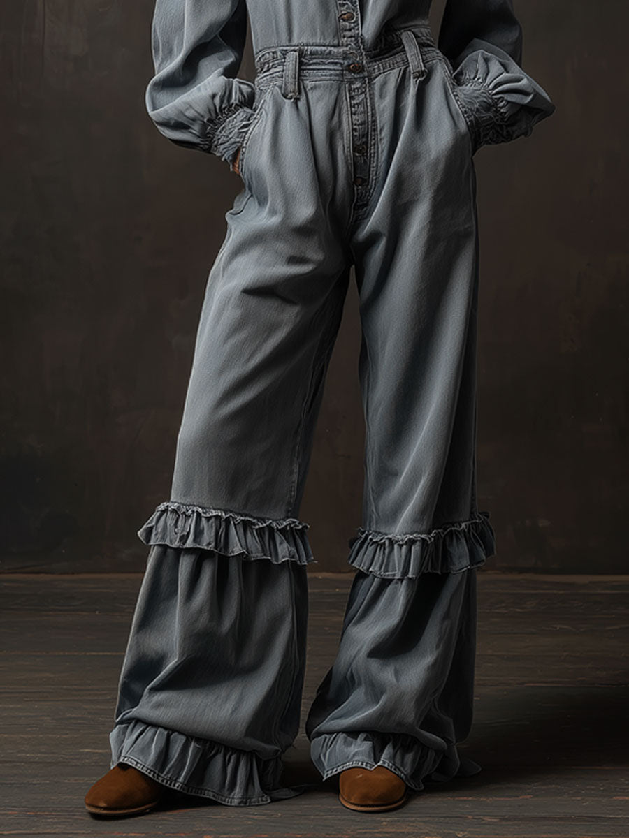 Casual Retro Gray-blue Denim Long-sleeved Ruffled Wide-leg Jumpsuit