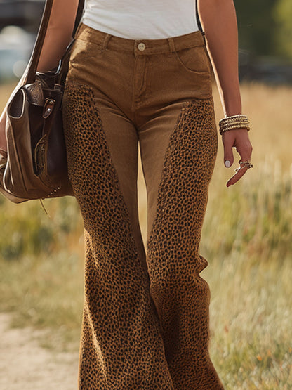 Leopard Print Patchwork Faux Suede Flared Pants