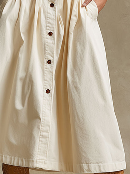 Retro Casual Off-white Stand-collar Sleeveless Denim Midi Dress