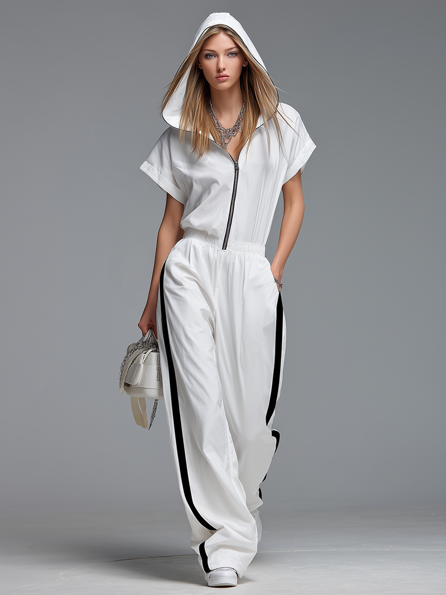 Casual And Comfortable Hooded Zip-up Short-sleeved Jumpsuit