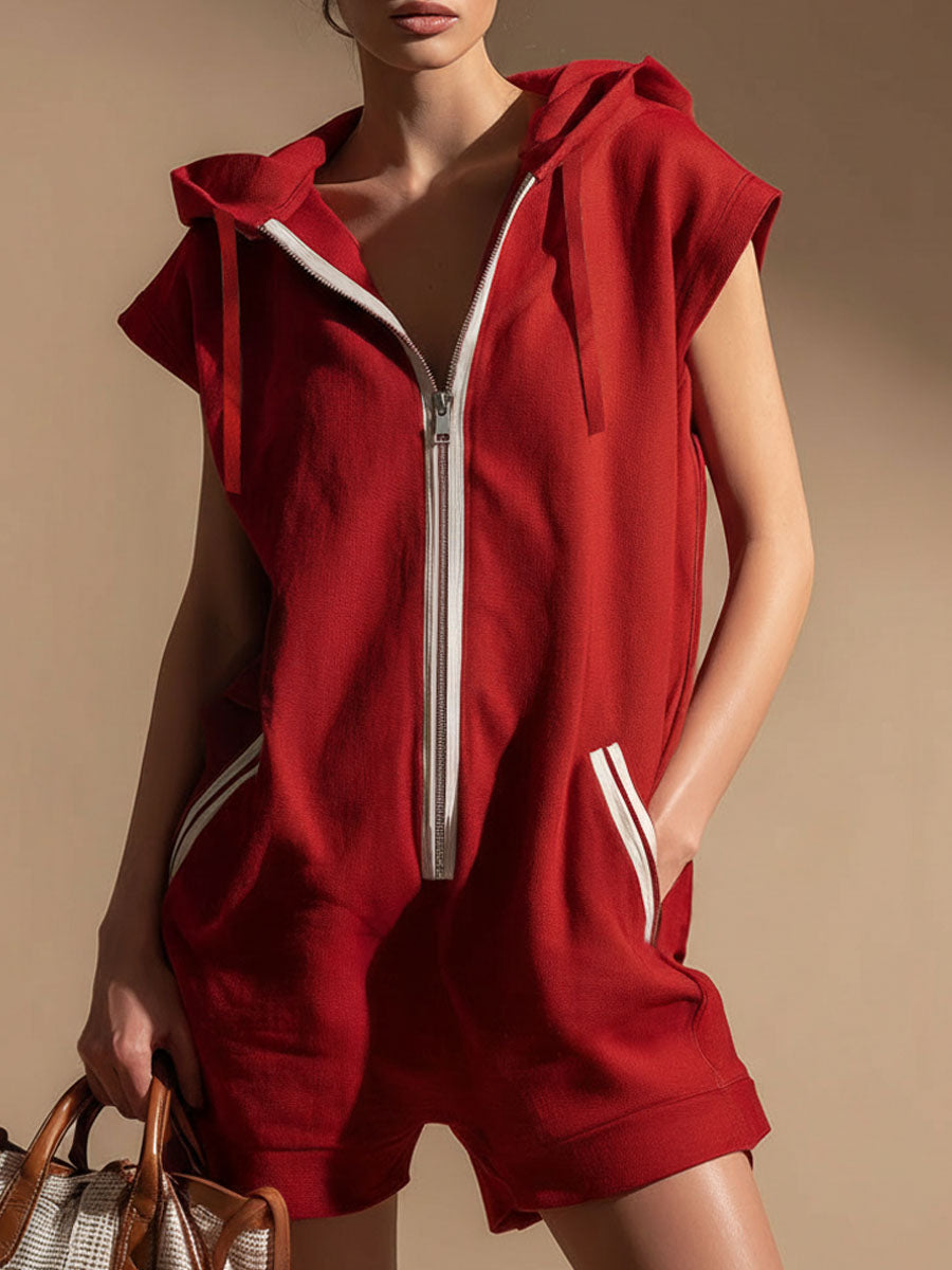 Hooded Zippered Color-blocked Double-pocket Sleeveless Short Jumpsuit