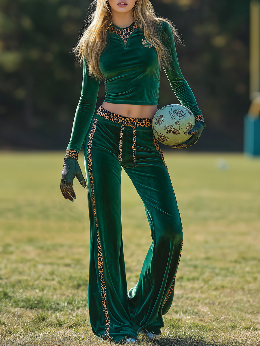 Retro Sporty Crew Neck Velvet Top And Flared Pants Set