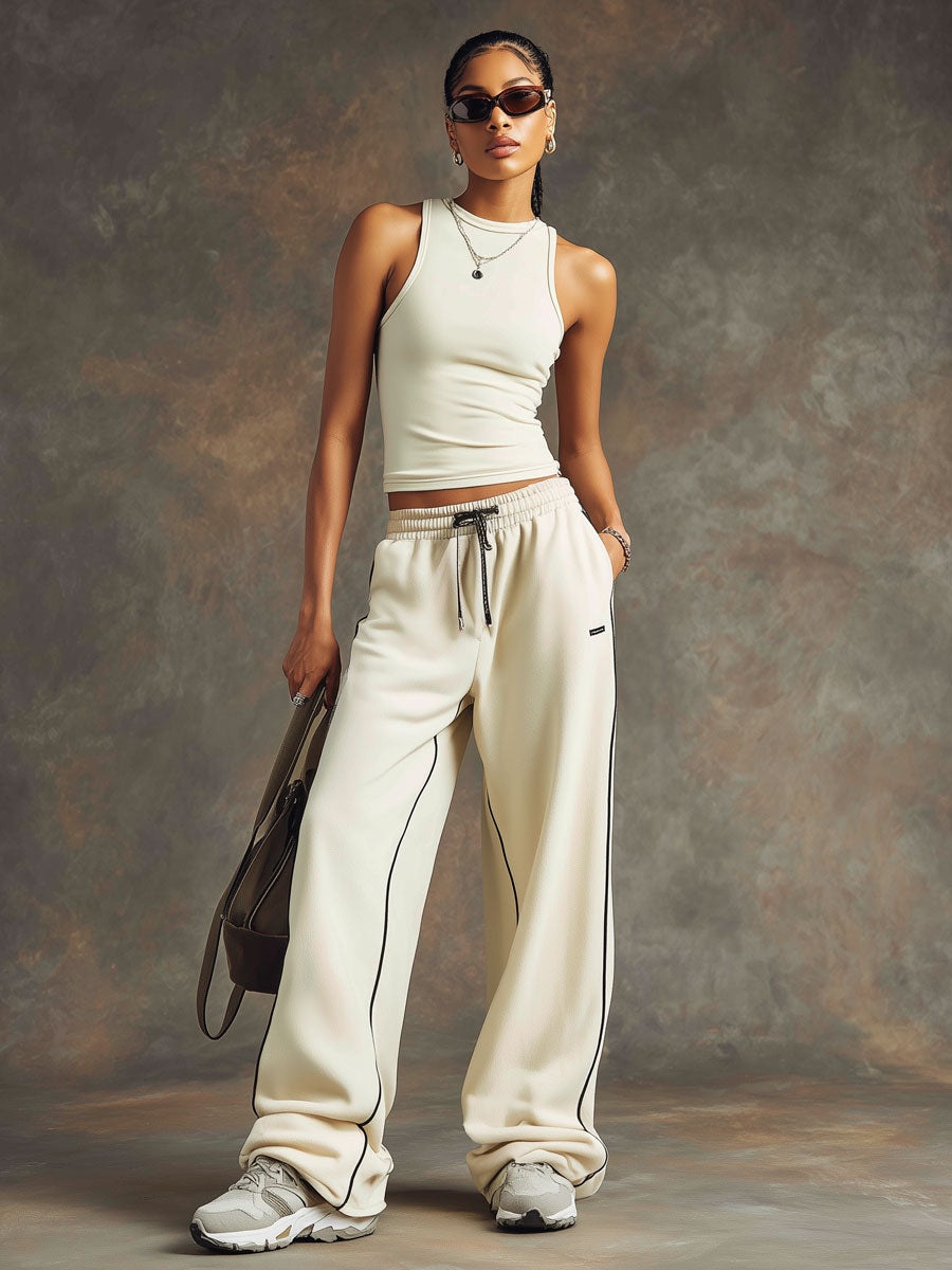 Retro Sporty Beige Vest And Wide-leg Pants Set