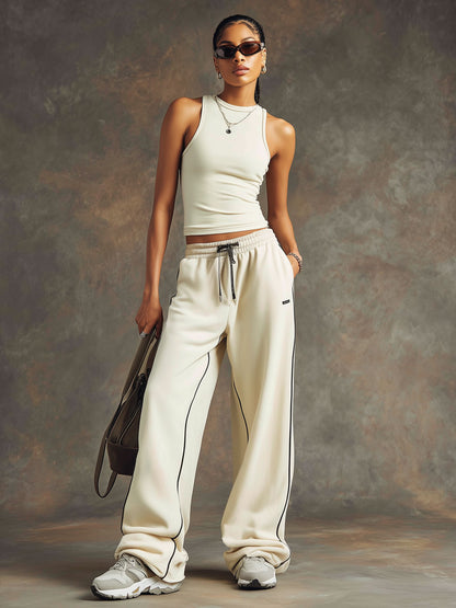 Retro Sporty Beige Vest And Wide-leg Pants Set