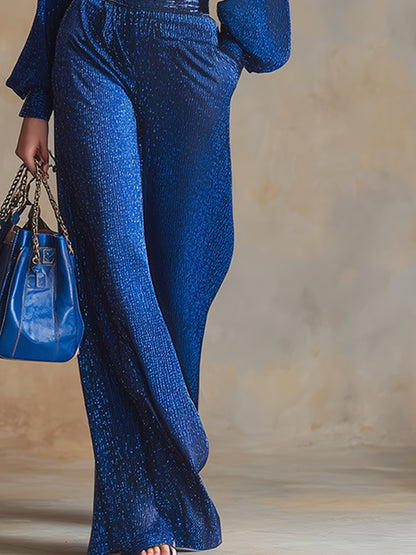 Elegant And Stylish Royal Blue Shimmering Shirt And Wide-leg Pants Set