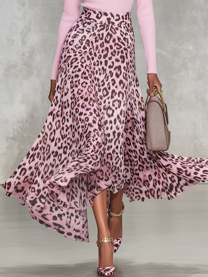 Elegant Round Neck Knitted Patchwork Leopard Print Chiffon Midi Dress