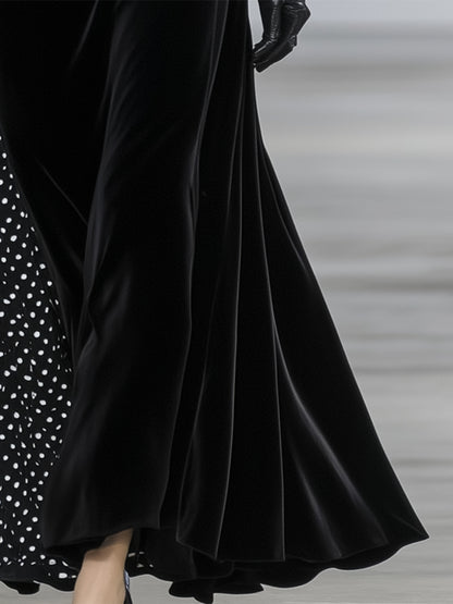 Elegant Black Velvet Patchwork Polka Dot Maxi Dress