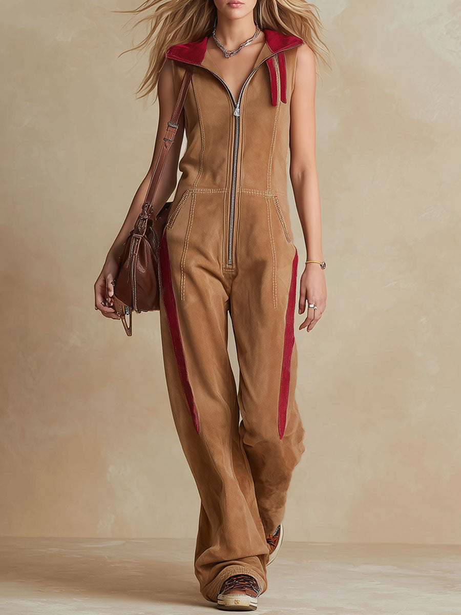 Western Style Color-blocked Zippered Faux Suede Sleeveless Jumpsuit