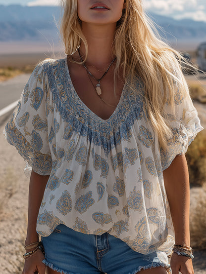 Retro White Paisley Print Chiffon V-neck T-shirt
