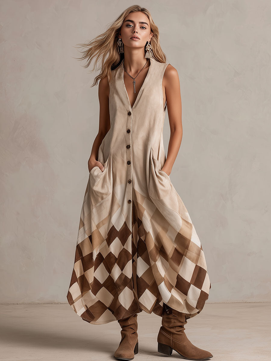 Casual Retro Diamond Pattern Off-white Faux Suede Sleeveless Midi Dress